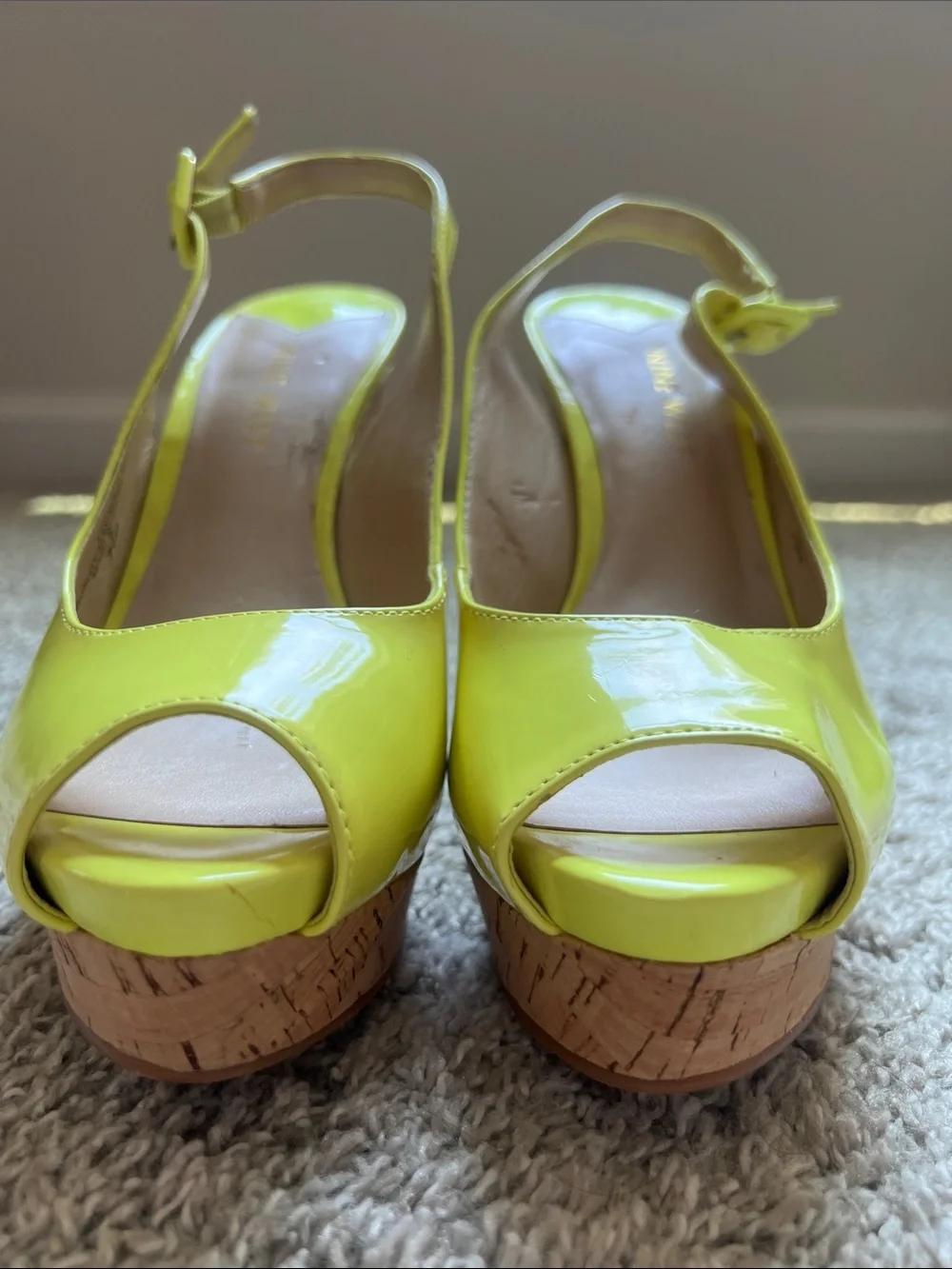 Nine West Bright Yellow Patent Peep-Toe Slingback Platforms